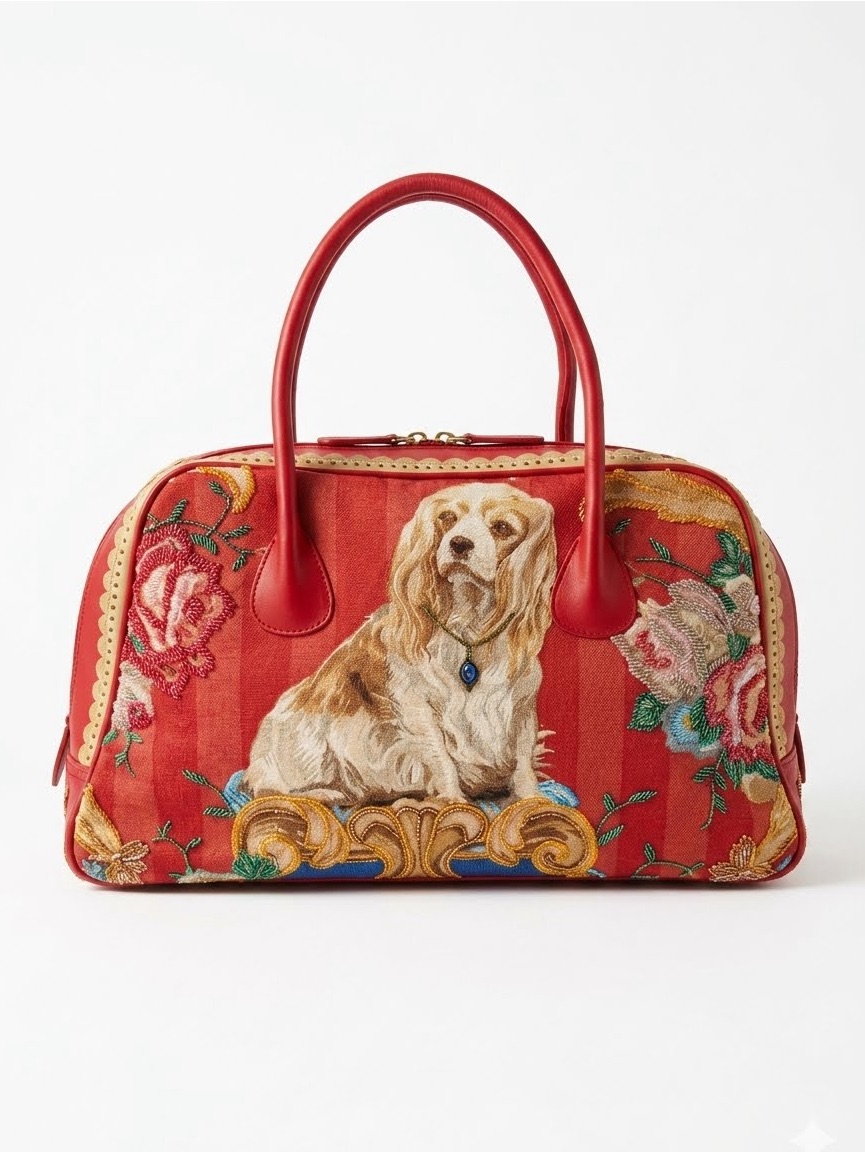 Vintage Isabella Fiore Tapestry Cocker Spaniel Beaded Satchel Bag Red